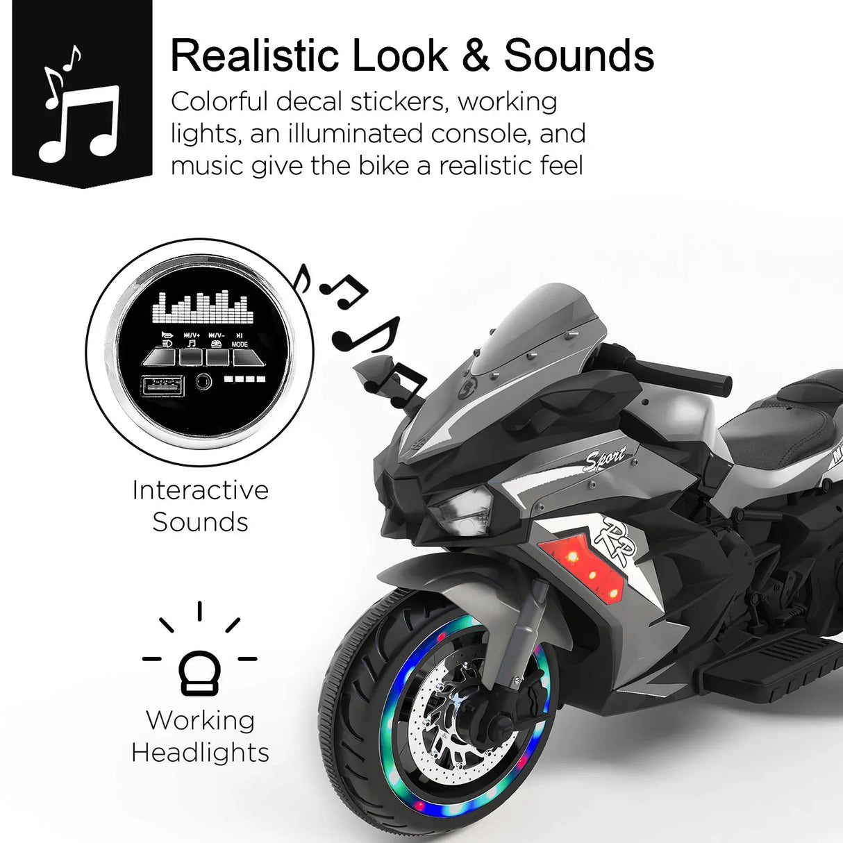 12V Grey Plastic Kids Electric Ride-On Motorcycle - Omega Lifestyles