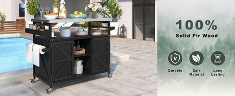 Farmhouse Solid Fir Wood Outdoor Kitchen Island Cart - Omega Lifestyles