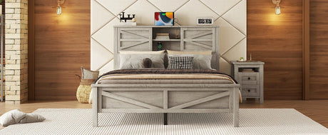 Queen Antique Gray Platform Bed With Sliding Barn Door Storage - Omega Lifestyles