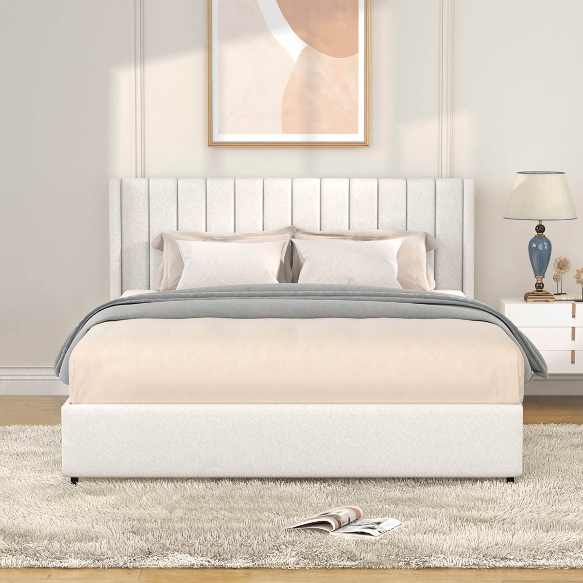 Queen Ivory Boucle Upholstered Bed Frame With Storage Drawers - Anda - Omega Lifestyles