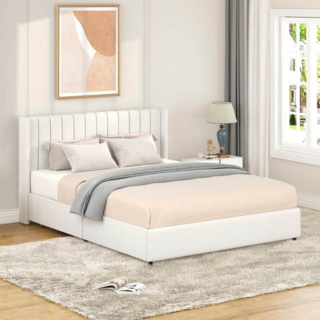Queen Ivory Boucle Upholstered Bed Frame With Storage Drawers - Anda - Omega Lifestyles