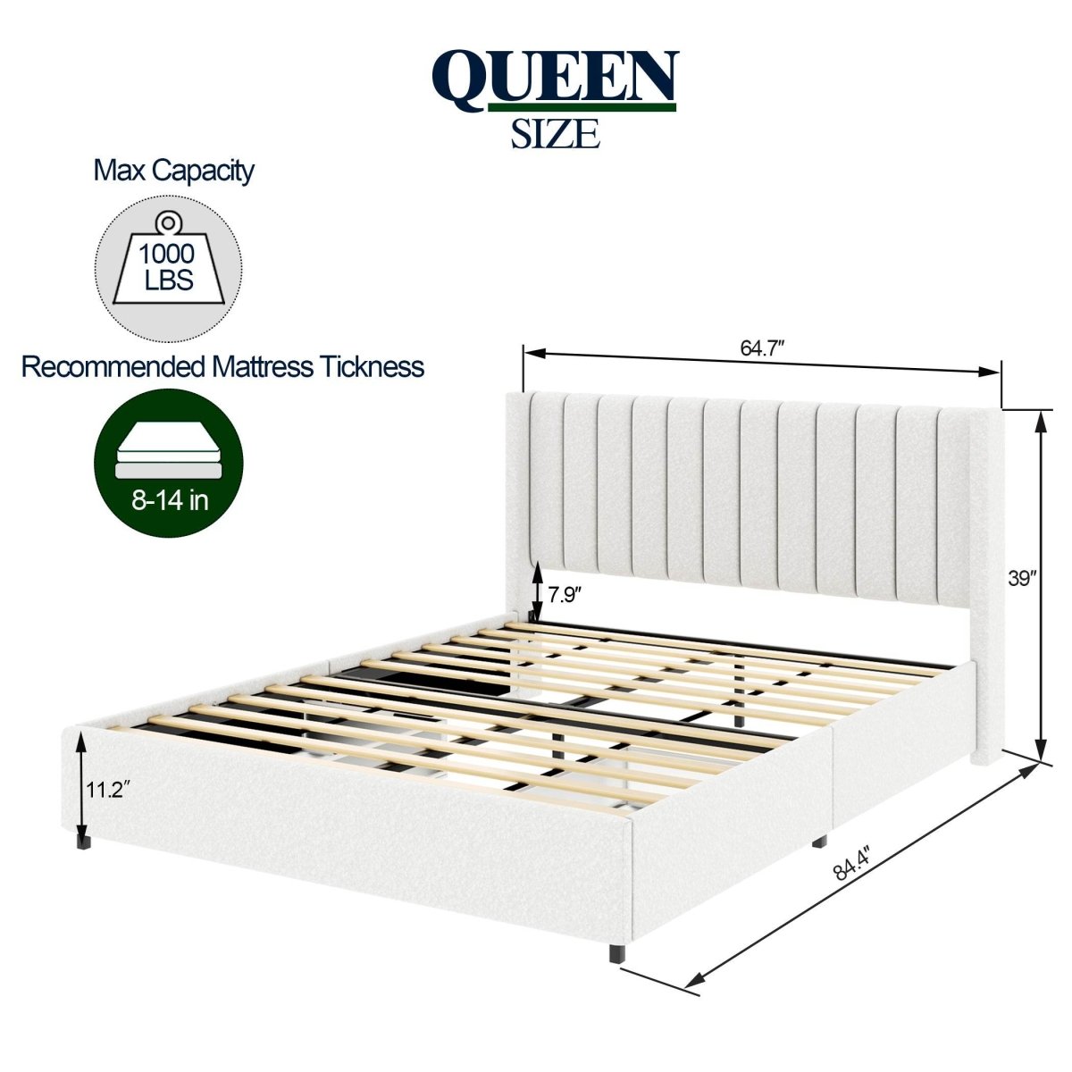 Queen Ivory Boucle Upholstered Bed Frame With Storage Drawers - Anda - Omega Lifestyles