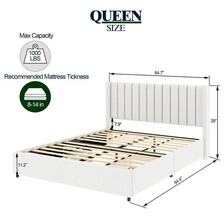 Queen Ivory Boucle Upholstered Bed Frame With Storage Drawers - Anda - Omega Lifestyles