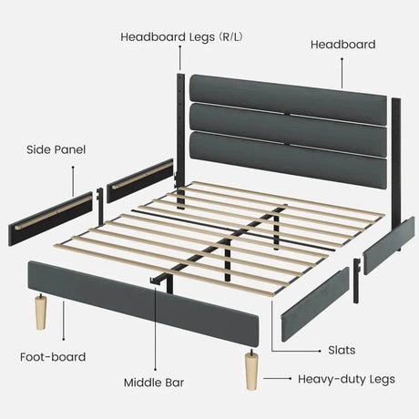 Velvet Upholstered Platform Bed Frame With Noise-Free Support - Omega Lifestyles