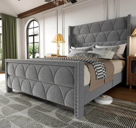 Velvet Wingback Platform Bed Frame - Omega Lifestyles