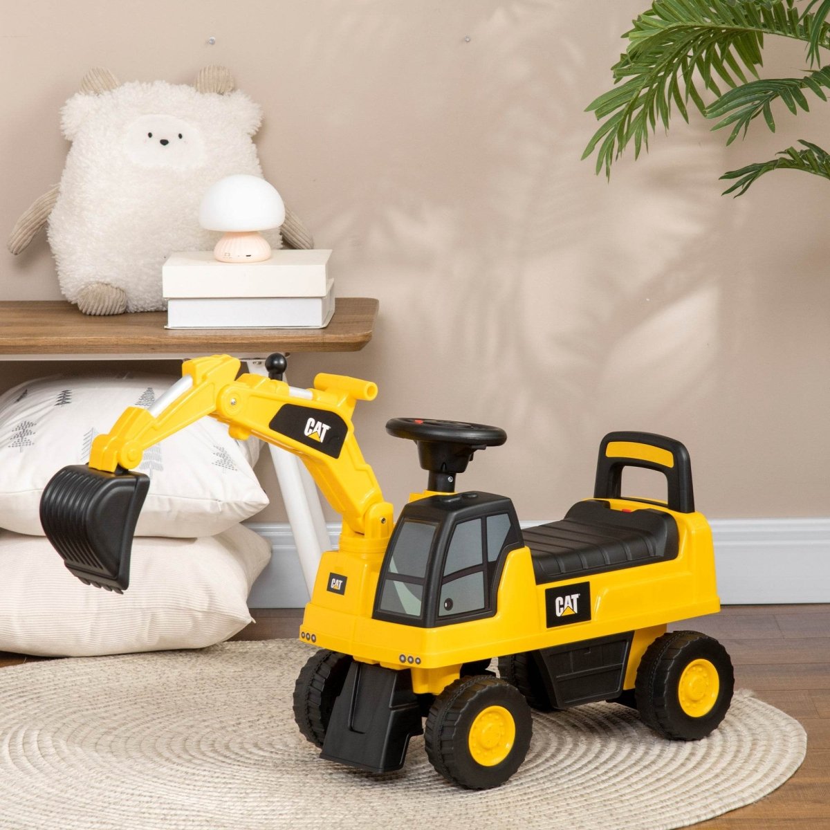 CAT Licensed Kids Ride - On Excavator Toy With Shovel And Storage - Aosom - Omega Lifestyles