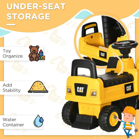 CAT Licensed Kids Ride - On Excavator Toy With Shovel And Storage - Aosom - Omega Lifestyles