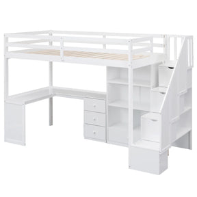 Twin Loft Bed With L-Shaped Desk Drawers Cabinet Staircase - Omega Lifestyles
