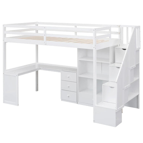 Twin Loft Bed With L-Shaped Desk Drawers Cabinet Staircase - Omega Lifestyles