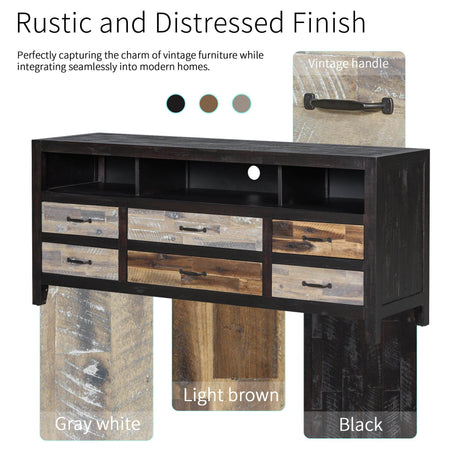 Retro Distressed Solid Wood TV Stand With Drawers - Omega Lifestyles