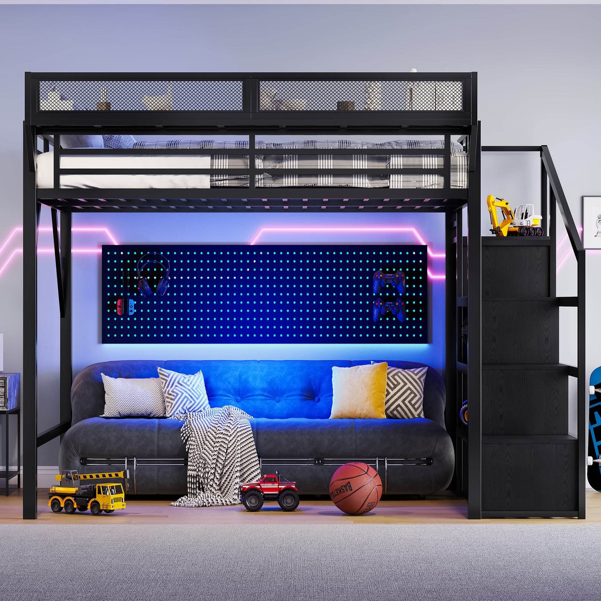 Queen Metal Loft Bed With Storage Stairs USB LED Lighting - Omega Lifestyles