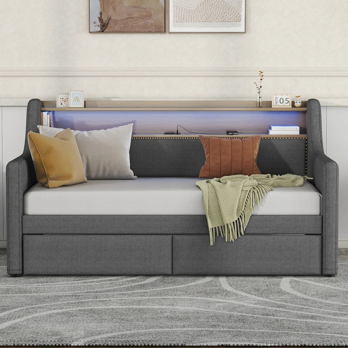 Twin Linen Upholstered Daybed With Storage Drawers Charging Station - Omega Lifestyles