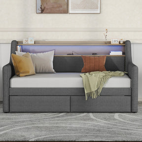 Twin Linen Upholstered Daybed With Storage Drawers Charging Station - Omega Lifestyles