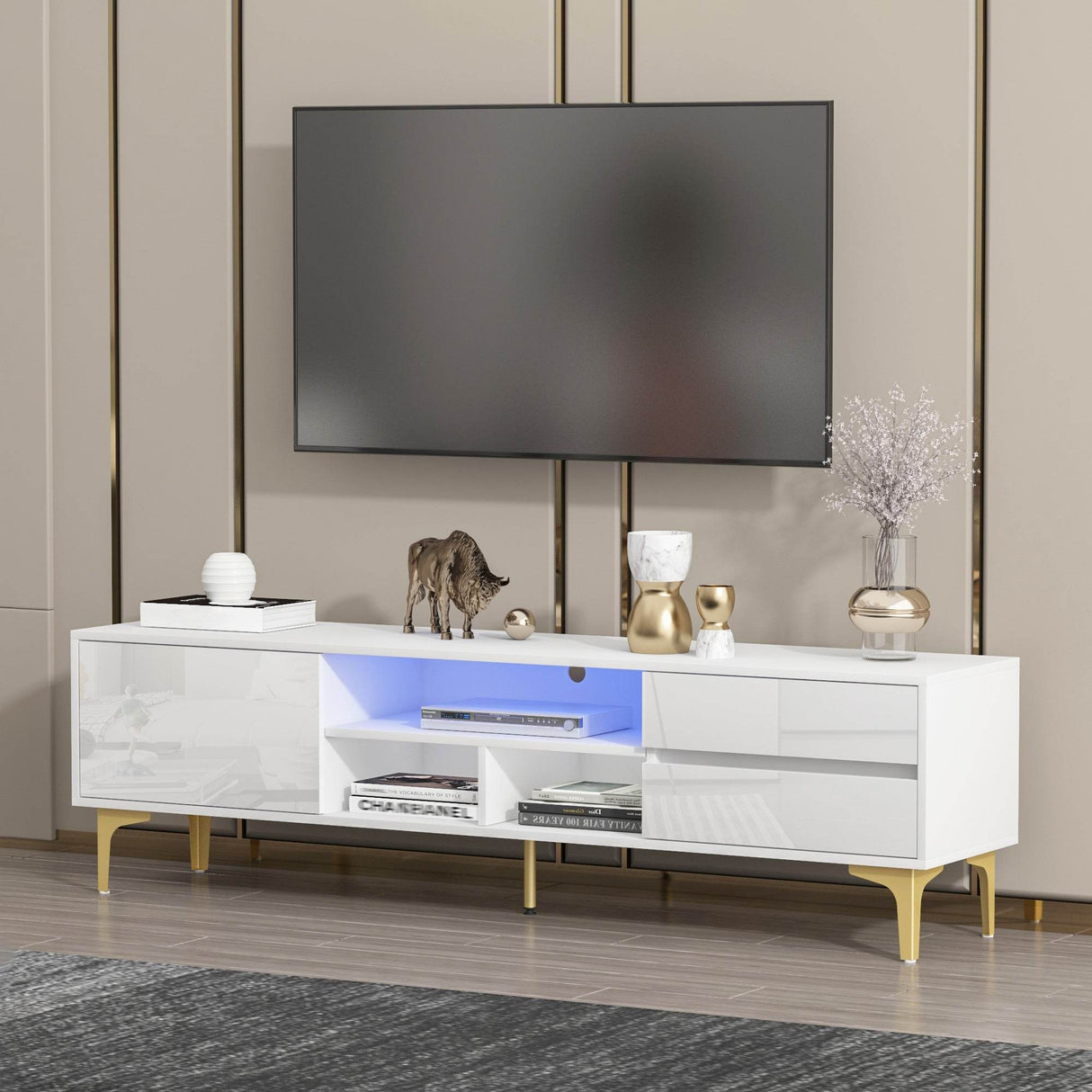 Antique White Particle Board TV Stand Console With LED Lights - Omega Lifestyles