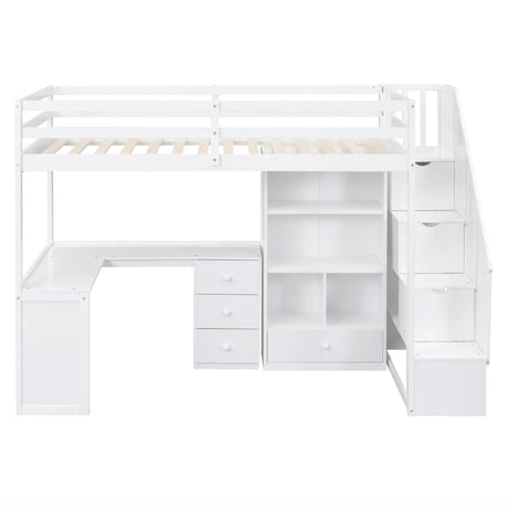 Twin Loft Bed With L-Shaped Desk Drawers Cabinet Staircase - Omega Lifestyles