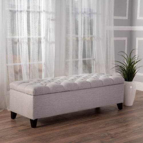 Contemporary Light Gray Fabric Button-Tufted Storage Ottoman - Omega Lifestyles