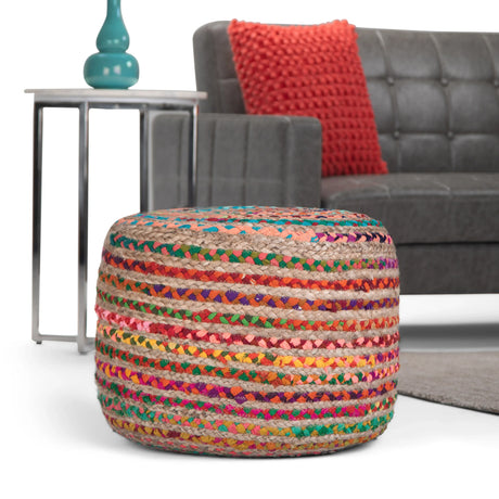 Round Multi Color Handcrafted Cotton Jute Pouf Seating - Omega Lifestyles
