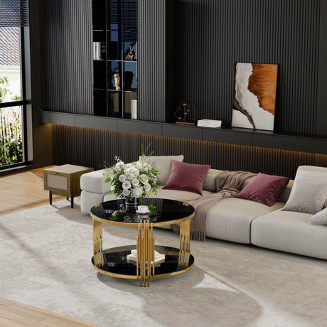 Modern Black Mirror Round Coffee Table With Shelf - Sleep Galleria