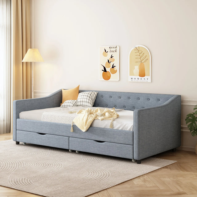 Twin Upholstered Linen Daybed With Storage Drawers - Omega Lifestyles