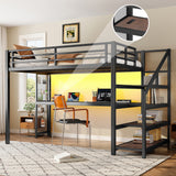 Twin XL Metal Loft Bed With Desk Storage Stairs LED USB
