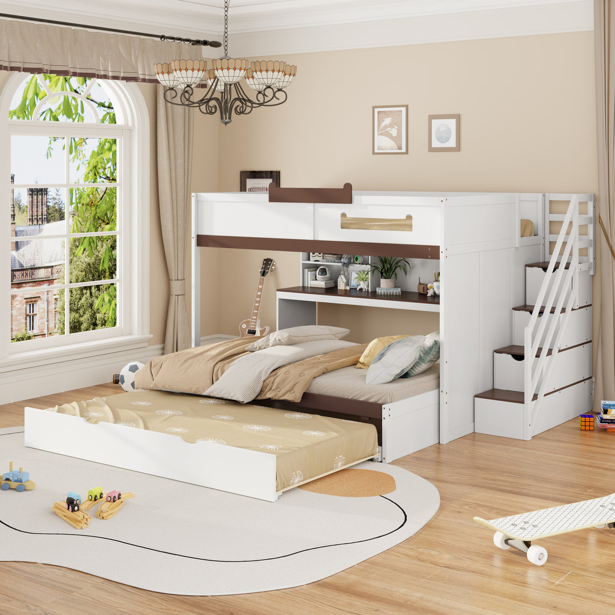 Full Size White Gray Wood Bunk Bed With Trundle Storage