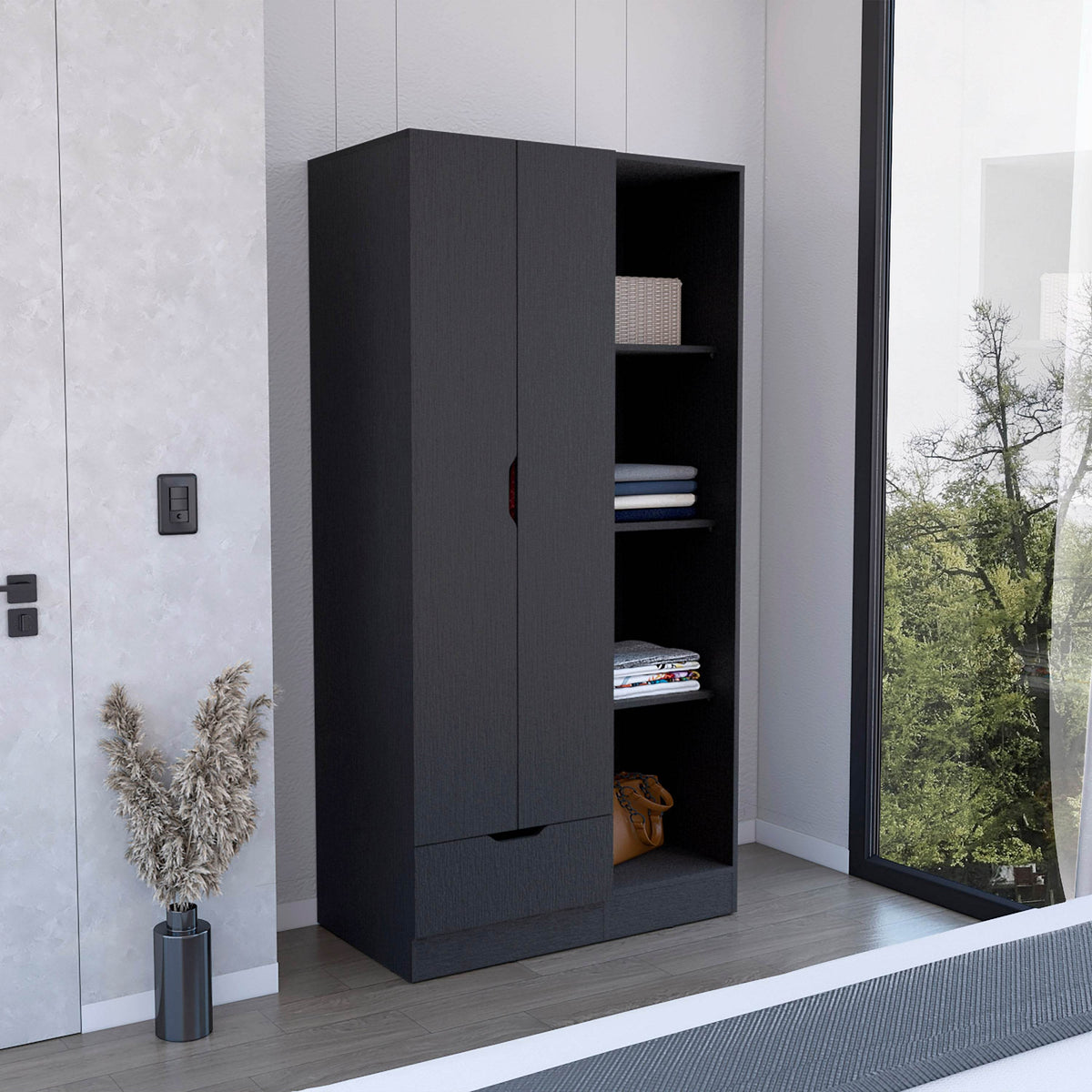 Memphis Wardrobe Armoire With Storage Shelves And Drawer