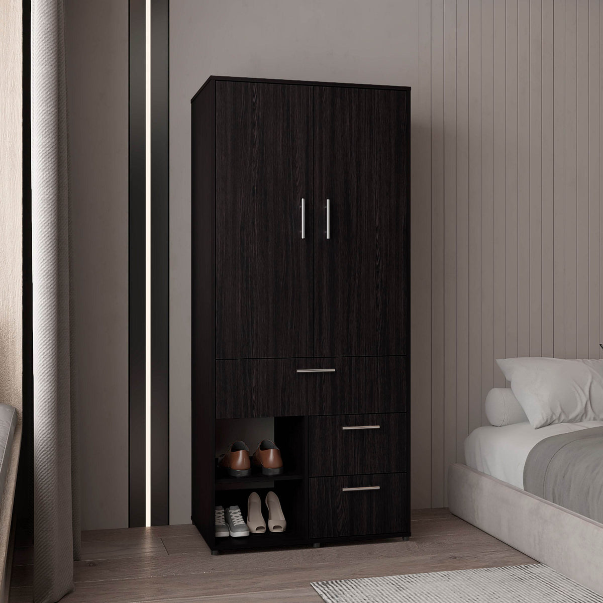 Modern Black MDF Double Door Bedroom Armoire