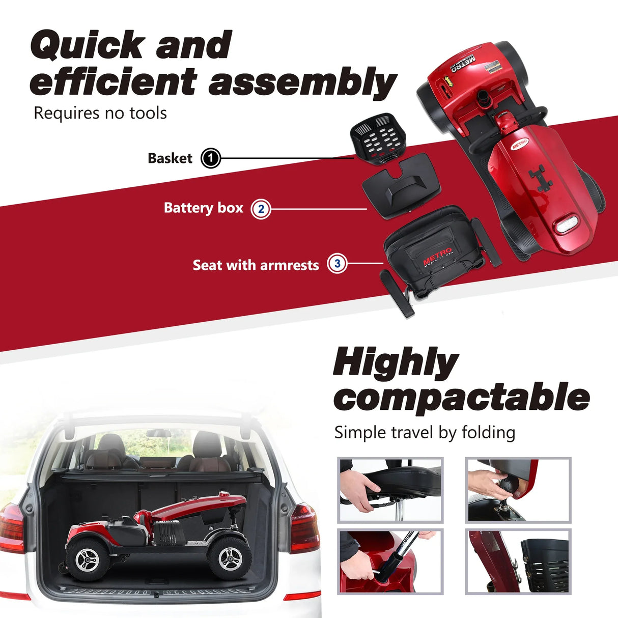 Red Outdoor Compact Metal Mobility Scooter With USB Charger - Omega Lifestyles