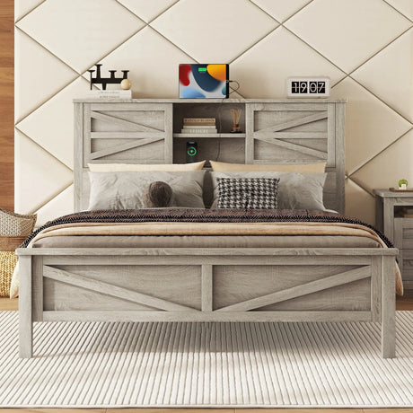 Queen Antique Gray Platform Bed With Sliding Barn Door Storage - Omega Lifestyles