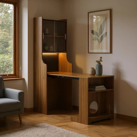 Mid-Century Modern Walnut Foldable Desk With Hutch - Omega Lifestyles