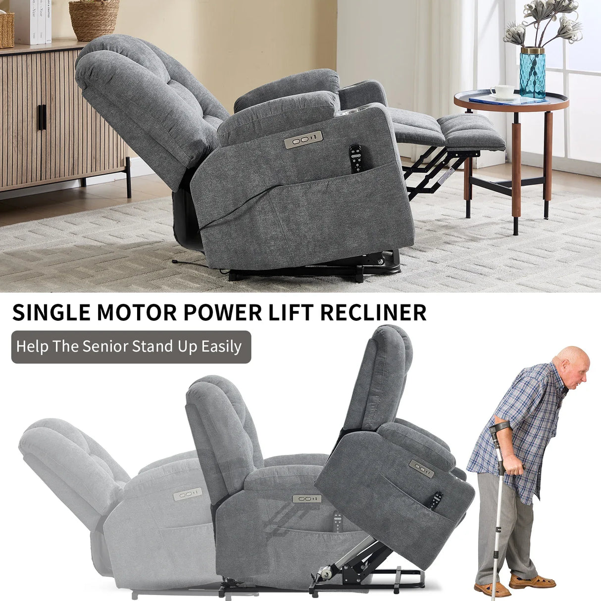 Power Lift Medium-Firm Chenille Upholstered Recliner Chair - Omega Lifestyles