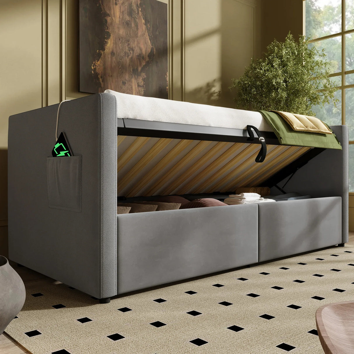 Twin Gray Velvet Upholstered Hydraulic Storage Daybed With USB Charging - Omega Lifestyles