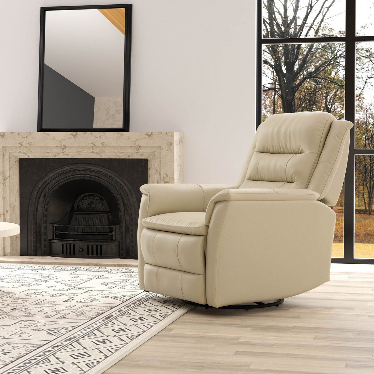 Swivel Glider Recliner With Manual Footrest And Leather Upholstery