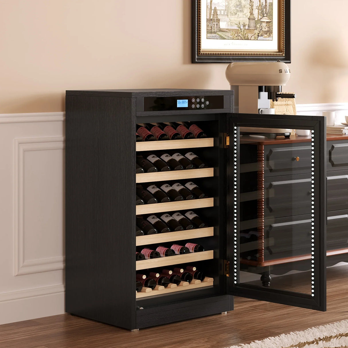 Black Wood Tempered Glass Wine Cooler With Touch Display - Omega Lifestyles