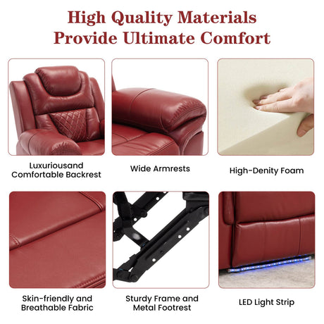 Wine Red Faux Leather Manual Recliner Chair With LED Strip - Omega Lifestyles