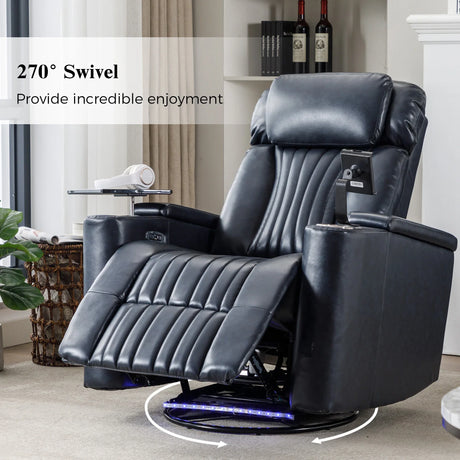 Power Swivel Blue PU Leather Recliner Chair With Tray Table - Omega Lifestyles