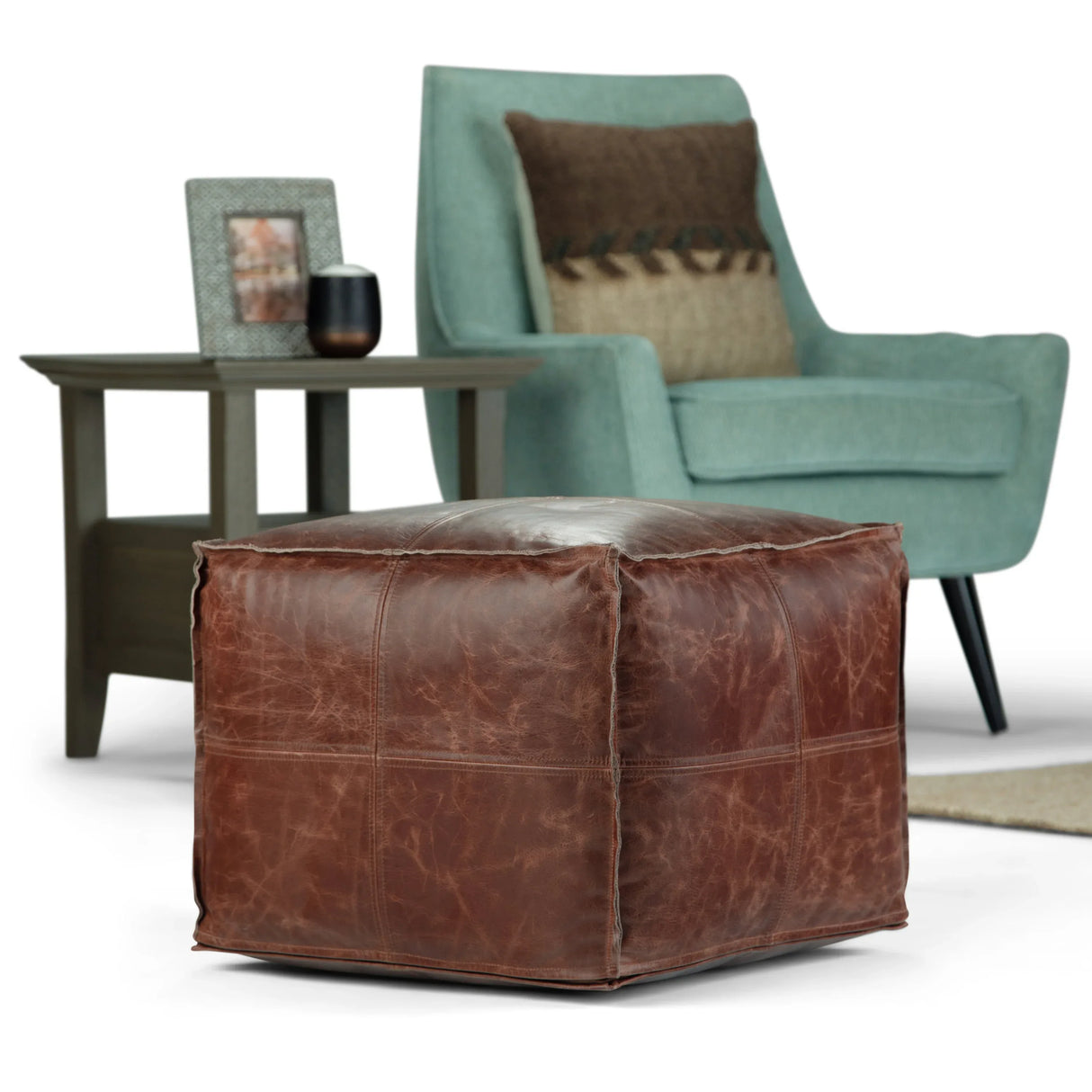 Square Distressed Buffalo Leather Multiuse Pouf Stool - Omega Lifestyles
