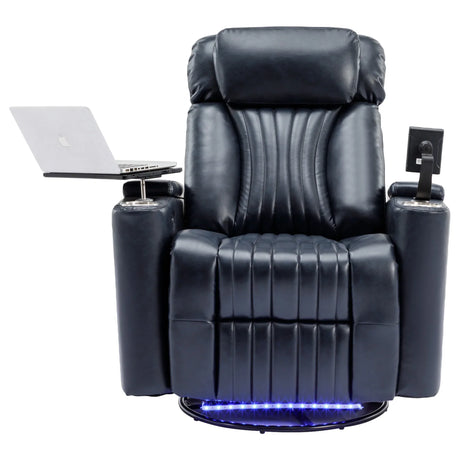 Power Swivel Blue PU Leather Recliner Chair With Tray Table - Omega Lifestyles