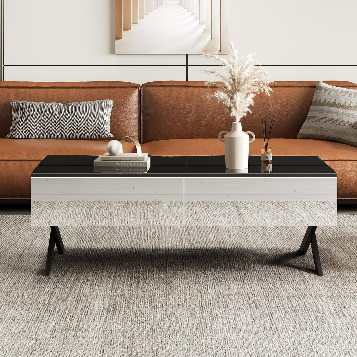 Rectangular Mirrored Coffee Table With Metal Base Storage - Omega Lifestyles