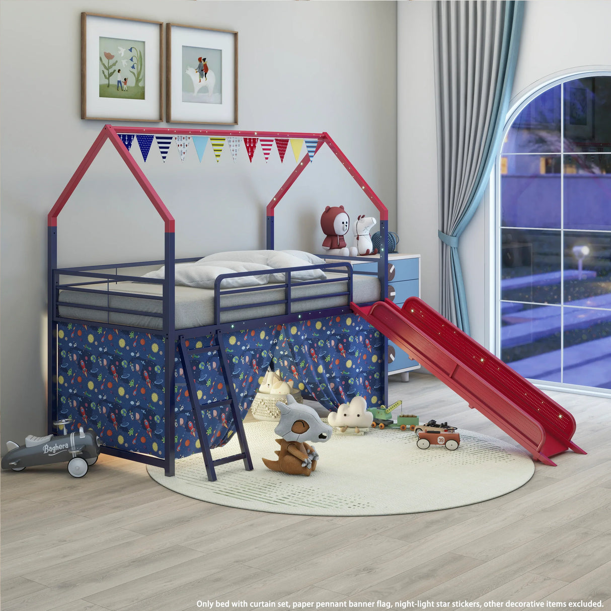 Twin Metal Junior House Loft Bed With Slide And Curtain - Omega Lifestyles