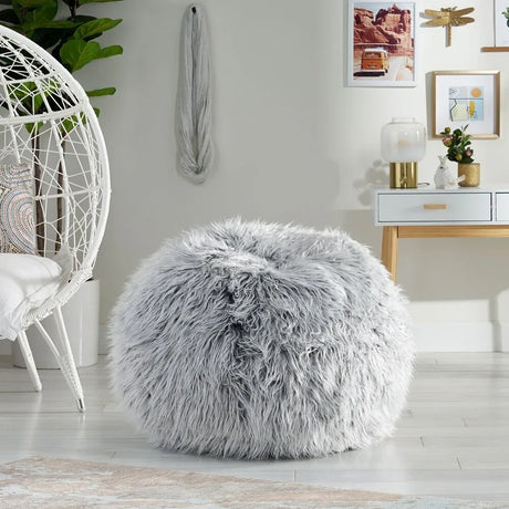 Silver Gray Faux Fur Modern Glam Bean Bag Chair - Omega Lifestyles