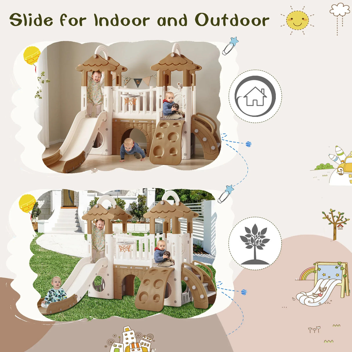 8-in-1 Toddler Freestanding Slide Climber Playset Brown - Omega Lifestyles