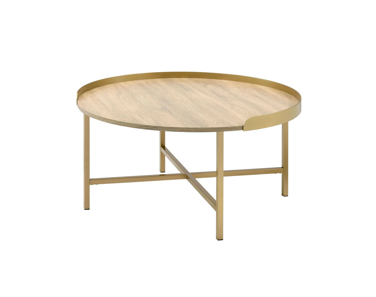 Contemporary Oak And Gold Round Tray Coffee Table - Omega Lifestyles