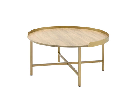 Contemporary Oak And Gold Round Tray Coffee Table - Omega Lifestyles