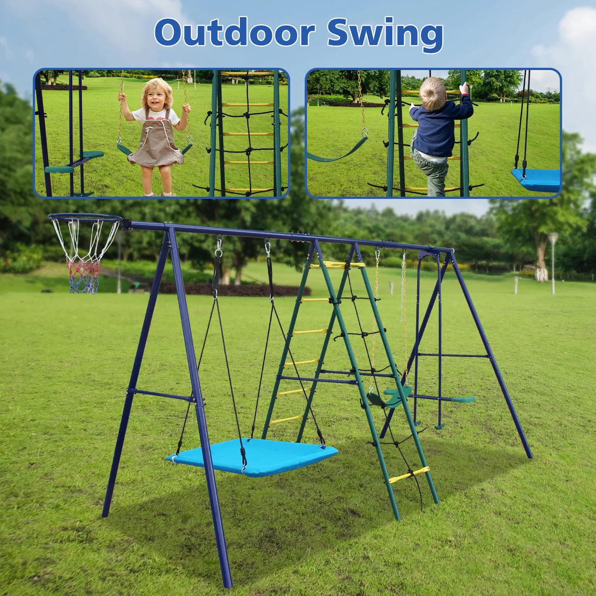 6-in-1 Steel Backyard Swing Set With Climbing Ladder - Omega Lifestyles