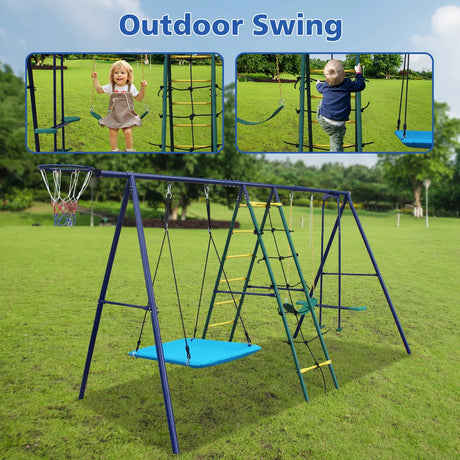 6-in-1 Steel Backyard Swing Set With Climbing Ladder - Omega Lifestyles