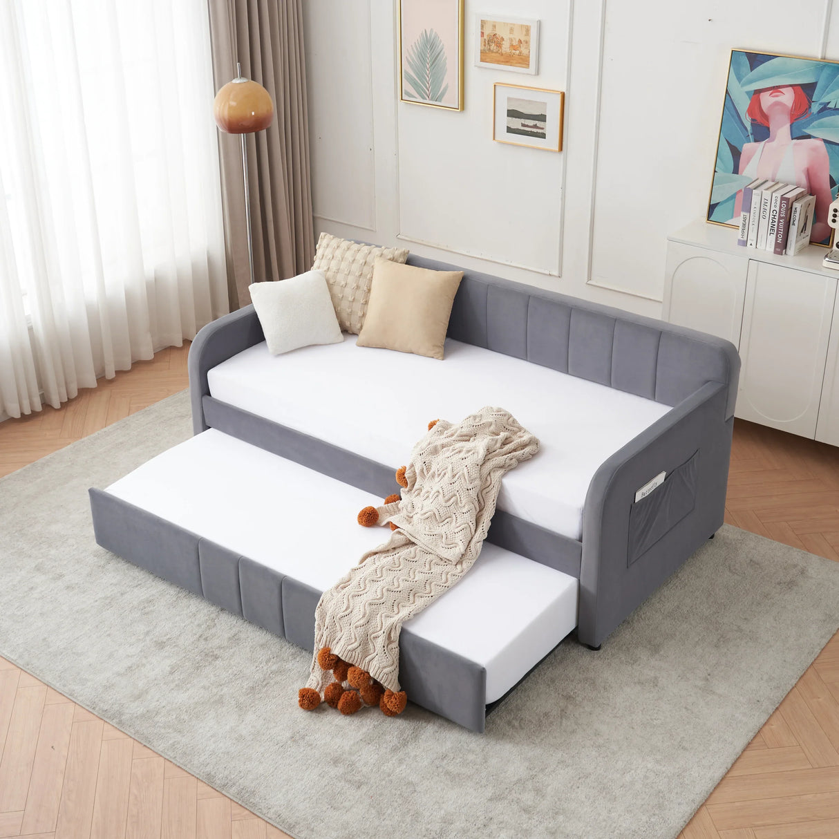 Twin Velvet Upholstered Daybed Frame With Trundle - Omega Lifestyles