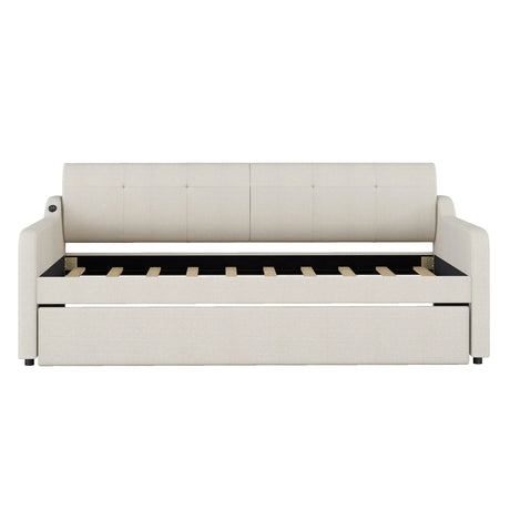 Twin Beige Upholstered Daybed With Trundle And USB Charging - Omega Lifestyles