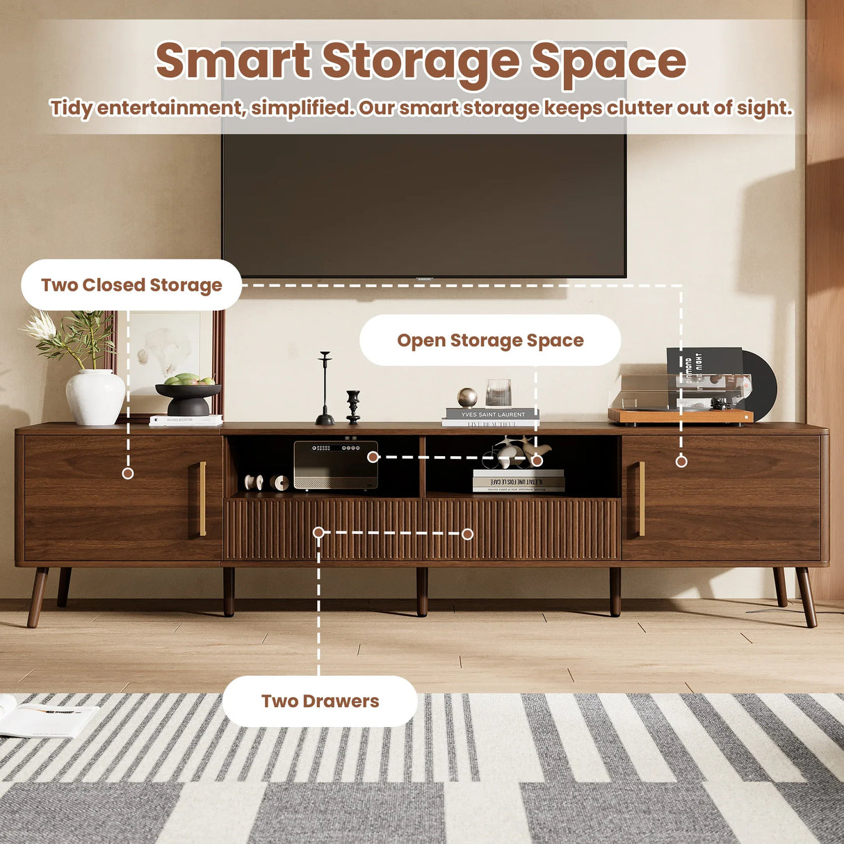 Modern Walnut TV Stand With Soft-Close Doors and Storage - Omega Lifestyles