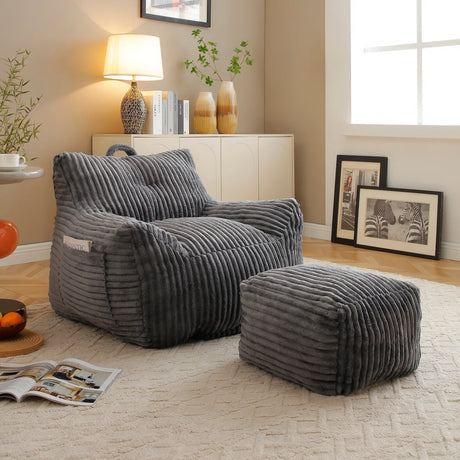 Giant Medium-Soft Corduroy Bean Bag Chair With Footstool - Omega Lifestyles